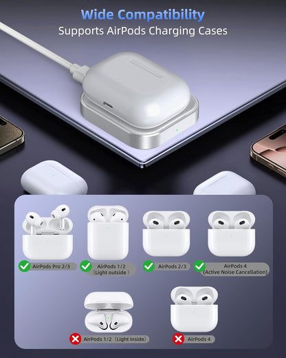 Wireless Charger for AirPods: Compatible with AirPods 4 (ANC), 3rd, 2nd Generation, and New AirPods Pro 3 (2025) - Slim and Compact Design for Travel and Home Office (Silver and White)